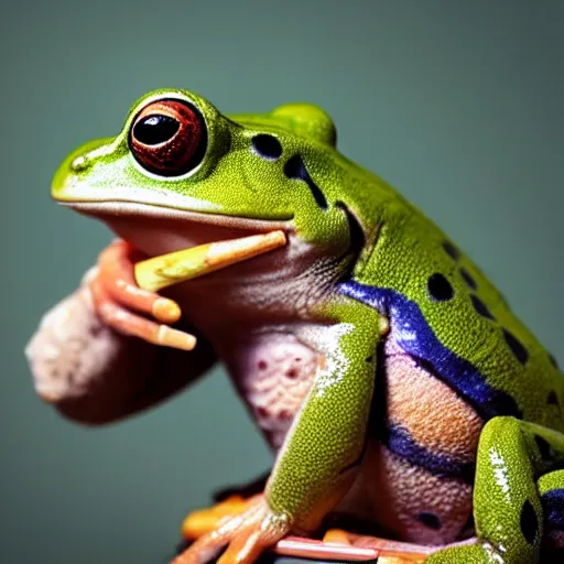 Image similar to a high detail closeup shot of a frog wearing a suit 👔,and smoking a cigarrette🚬