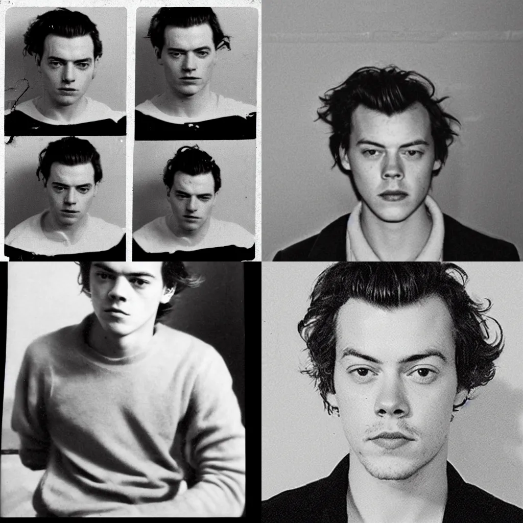 Prompt: A mugshot of Harry styles from the 1950’s