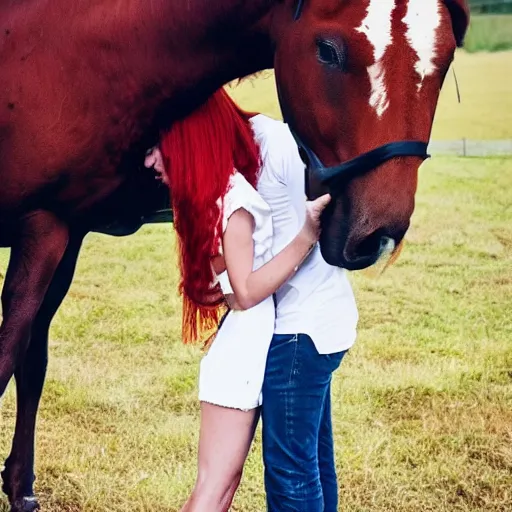 Prompt: tall red haired male kissing a short brunette female on farm, gustav style