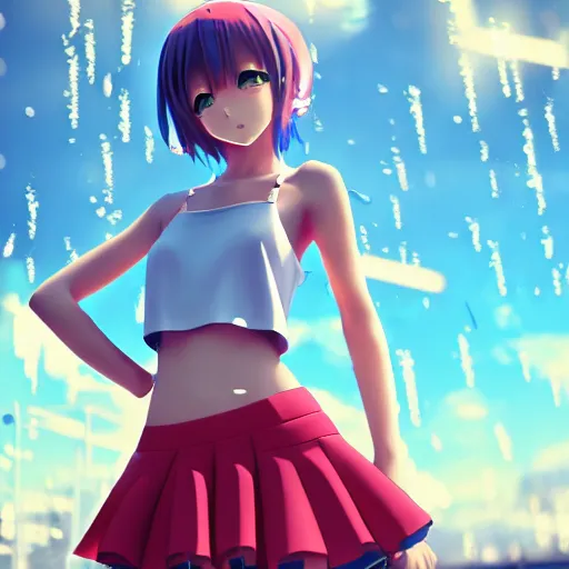 Image similar to beautiful anime girl in the style of a modern 3d game, wearing a skirt and a tanktop, perfect body, standing in the rain, high quality anime art, trending on artstation, 8K octane render, wallpaper