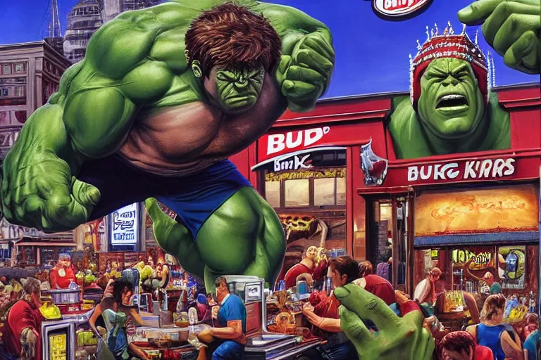 Prompt: the hulk working at burger king, oil on canvas, intricate, full scene, 8 k highly professionally detailed, hdr, joe jusko