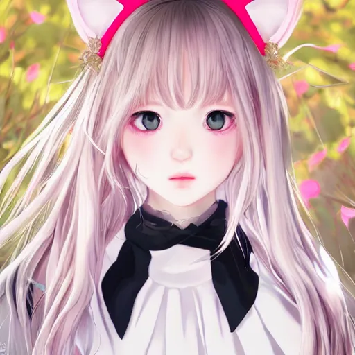 Image similar to realistic beautiful gorgeous natural cute Blackpink Lalisa Manoban white hair cute white cat ears in maid dress outfit golden eyes artwork drawn full HD 4K highest quality in artstyle by professional artists WLOP, Taejune Kim, Guweiz, ArtGerm on Artstation Pixiv