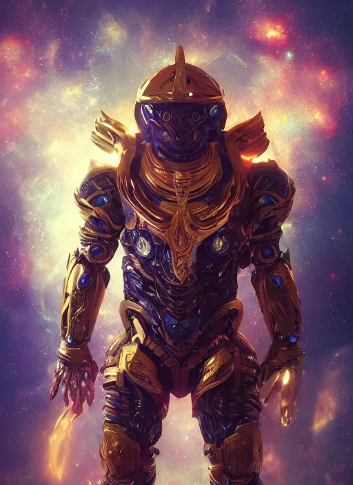 Image similar to a space demon wearing a cosmic armor on space, au naturel, hyper detailed, digital art, trending in artstation, cinematic lighting, studio quality, smooth render, unreal engine 5 rendered, octane rendered, art style by klimt and nixeu and ian sprigger and wlop and krenz cushart