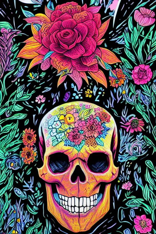 Prompt: large skull painted with vivid flowers on a black suit and tie by Jen Bartel and Dan Mumford and Satoshi Kon, gouache illustration