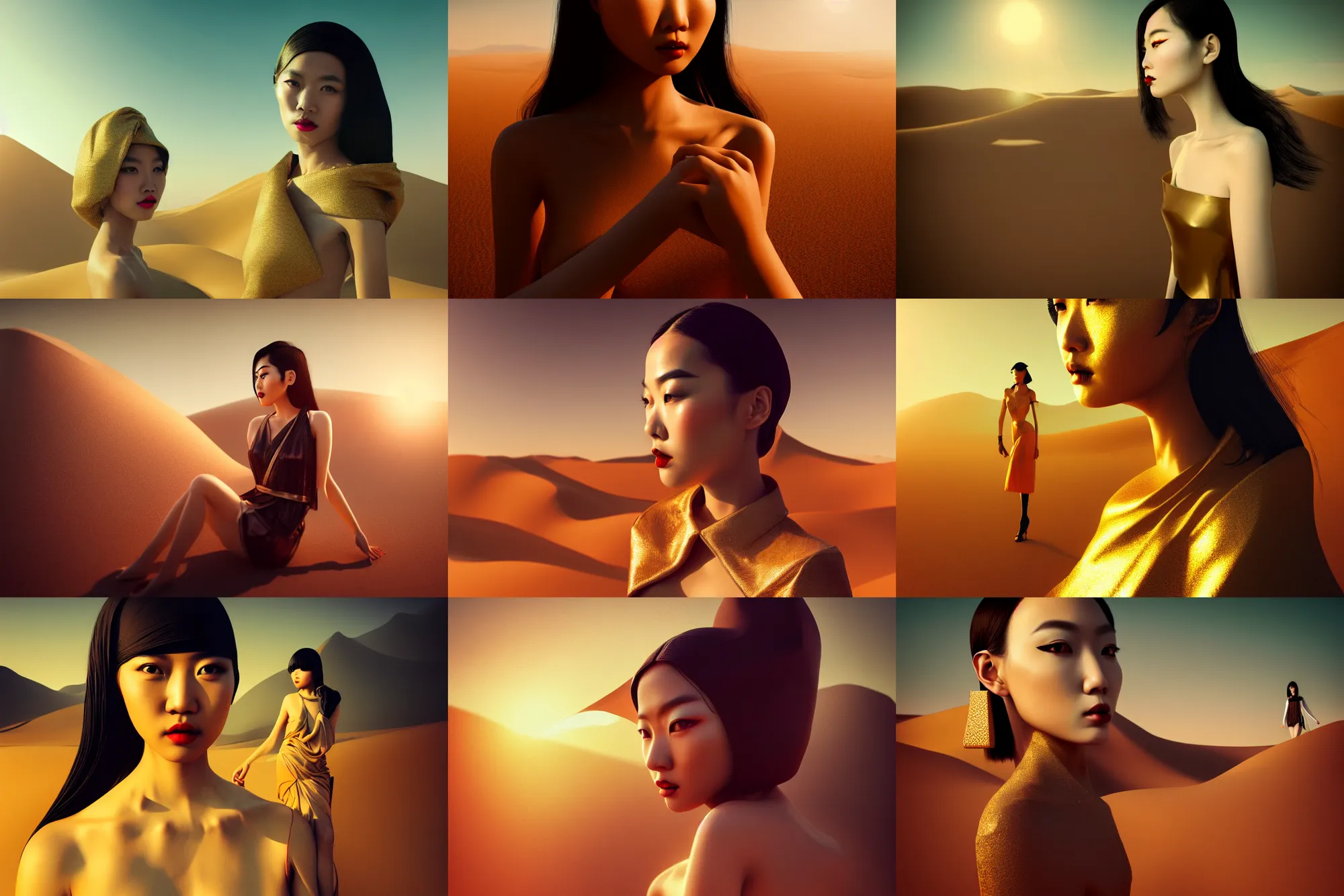 Prompt: innovative avant - garde art, deco fashion, asian women, highly detailed, photorealistic portrait, serene desert setting, golden hour, crisp quality and light reflections, rule of thirds, volumetric lighting, confident, moody, octane render