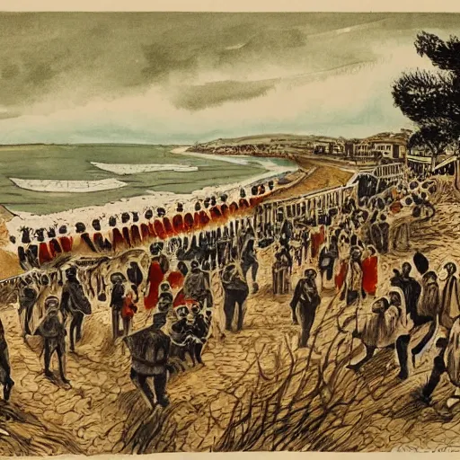 Image similar to This print depicts a scene from the Spanish Civil War, which was a time of great turmoil and strife in Spain. The print shows a group of people on a beach, with the ocean in the background. The people in the print are all different sizes and shapes, and they are all looking in different directions. The print is full of color and movement, and it is very expressive. The print is also very powerful and emotional, and it has a very strong impact on the viewer. Shutterstock by Antoine Blanchard perspective