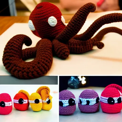 Image similar to a crochet octopus that is eating sushi, crochet octopus eating sushi, eating sushi, photo realistic, indoor lighting