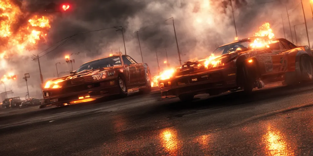 Image similar to Burnout 3, realistic 4k octane beautifully detailed render, 4k post-processing, highly detailed, intricate complexity, epic composition, magical atmosphere, cinematic lighting, masterpiece, ultra hd