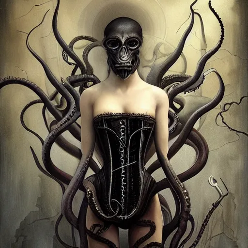 Image similar to by Tom Bagshaw, ultra realist soft painting of lovecraft and giger world of curiosities, single hybrid female monster in a corset, tentacles, partial symmetry accurate features, very intricate details, focus, curvy, award winning, ultra dense fog