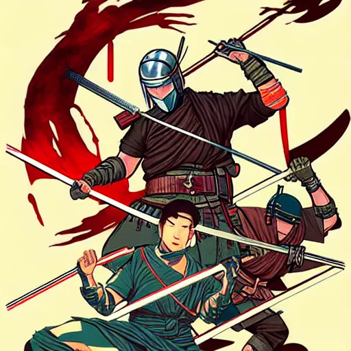 Image similar to concept art design illustration, revenge of the shinobi game cover!! 1 6 colors, logo, ink drawing, art by jc leyendecker and sachin teng