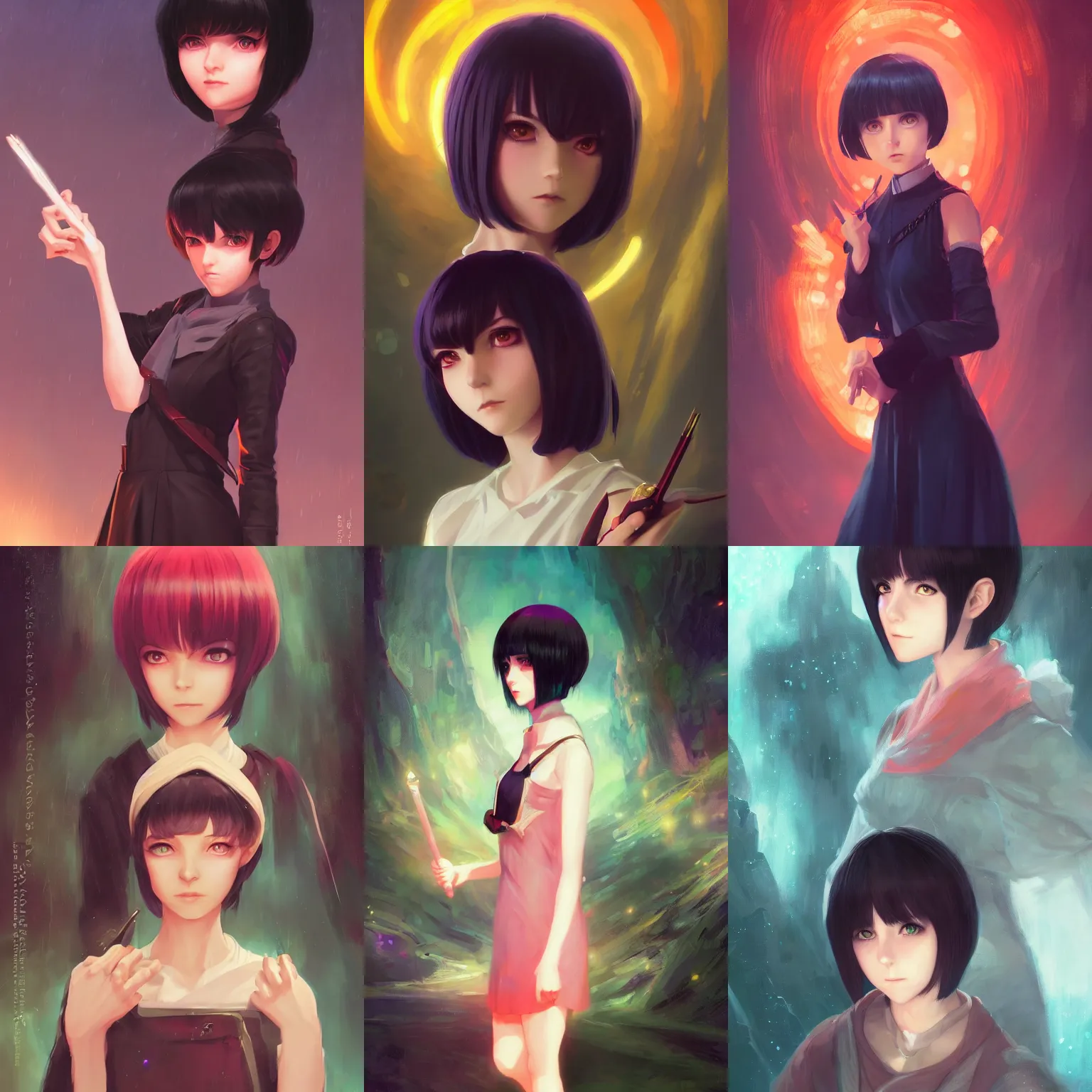 Prompt: a portrait of a cute young female sorcerer with black bob cut hair, fantasy setting, vivid colors, soft lighting, atmospheric, cinematic, moody, in the style of Ilya Kuvshinov and Range Murata, Krenz Cushart, oil on canvas, 8k