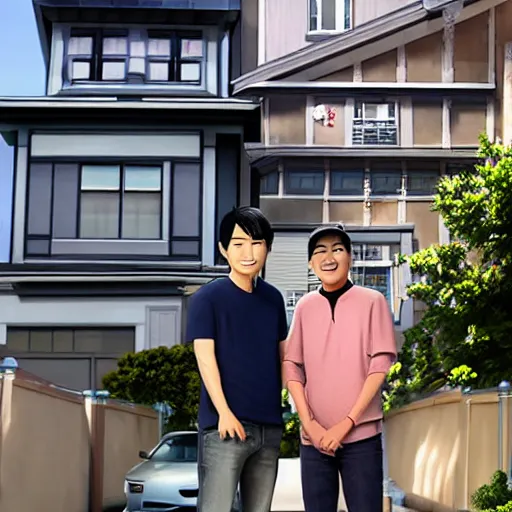 Prompt: hiro and tadashi hamada standing in front of their home in san fransokyo, pixar film,