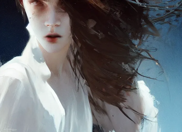 Image similar to white dress girl chasing from grim reaper, messy hair, messy lines, scared face, beautiful and aesthetic and attractive and detailed face, dramatic situation, specular reflection, occlusion shadow, intricate, bokeh, by ilya kuvshinov and jeremy lipking and quentin mabille