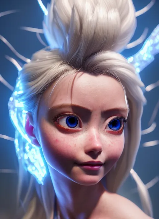 Image similar to Alita as Elsa, au naturel, hyper detailed, digital art, trending in artstation, cinematic lighting, studio quality, smooth render, unreal engine 5 rendered, octane rendered, art style by klimt and nixeu and ian sprigger and wlop and krenz cushart