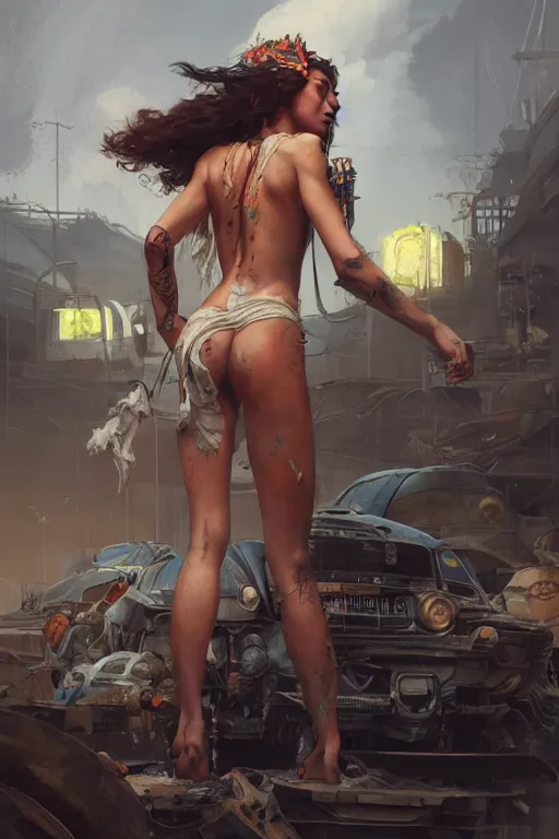 Prompt: goddess of the junkyard, highly detailed, digital painting, artstation, concept art, smooth, sharp focus, illustration, unreal engine 5, 8 k, art by artgerm and greg rutkowski and edgar maxence and el lissitzky