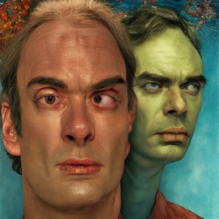 Image similar to Hyperrealistic intensely colored close up studio Photograph portrait of a deep sea bioluminescent Bill Hader, symmetrical face realistic proportions eye contact, sitting in His throne underwater, award-winning portrait oil painting by Norman Rockwell and Zdzisław Beksiński vivid colors high contrast hyperrealism 8k