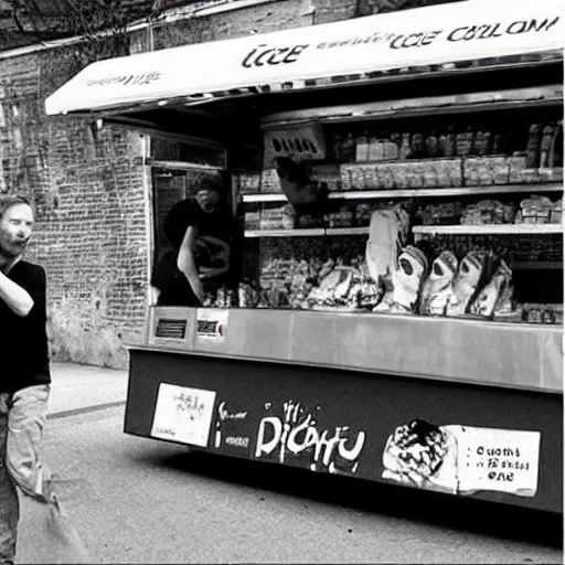 Prompt: “ thom yorke is buying ice - cream at the dirty ice - cream booth in the street, movie screenshot, cinematic, epic, dramatic ”