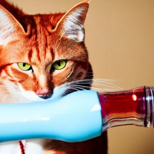 Image similar to professional photograph of a red cat who is angry drinking water