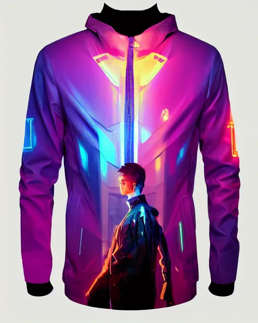 Image similar to detailed portrait of European Pretty Pale Guy Sheen Holographic Jacket coat, Futuristic sci-fi fashion, royal attire Akira, Evangelion, cyberpunk, neotokyo, synthwave, aesthetics, futuristic, low-emission-neon, bladerunner movie scene by ismail inceoglu dragan bibin hans thoma greg rutkowski Alexandros Pyromallis Nekro Rene Margitte illustrated Perfect face, fine details, realistic shaded, fine-face, pretty face sharp chine