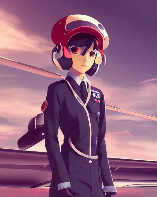 Image similar to Anime girl is dressed in plane pilot uniform. Anime. by lois van baarle, ilya kuvshinov, rossdraws, Ghibli marker anime art, manga concept Blizzard pixar maya engine on stylized background splash comics global illumination