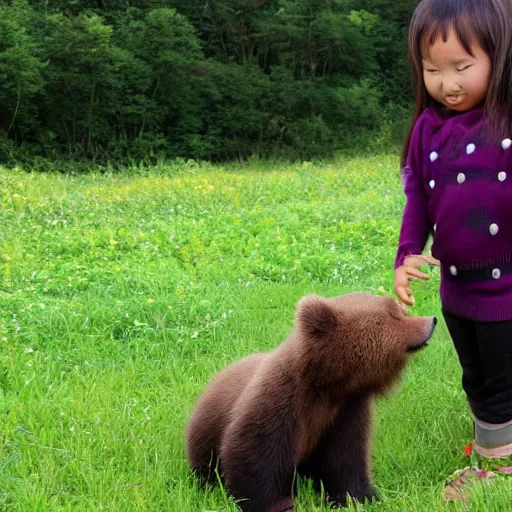 Prompt: asian girl playing with baby bear in open field