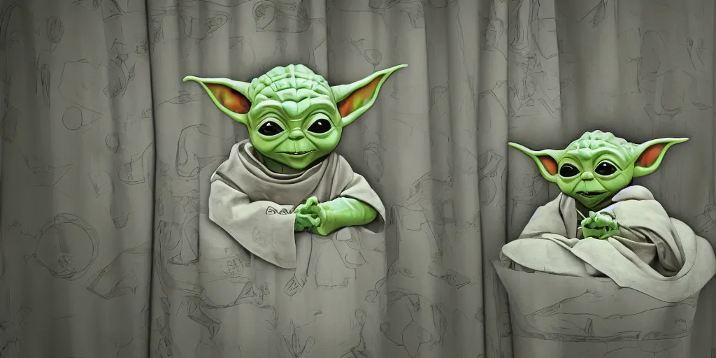 Prompt: a ( ( ( ( ( mando mandalorian ) ) ) ) ) baby yoda themed shower curtain, shower curtain. product photography. product lighting. digital art. 4 k, highly detailed. saturated. 3 d render.