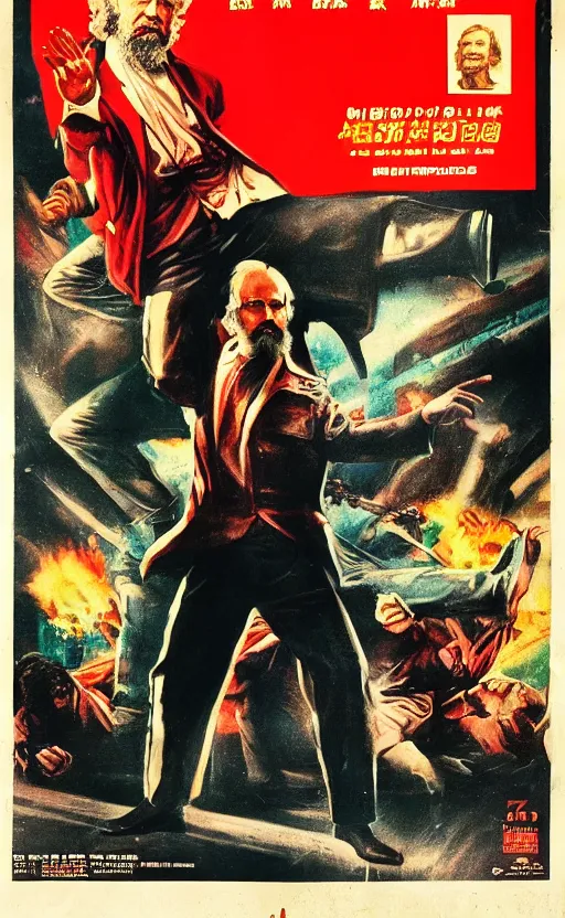 Image similar to full 70s action movie poster with Karl Marx in kung fu pose, movie still 4k, grainy picture cinematic dramatic light