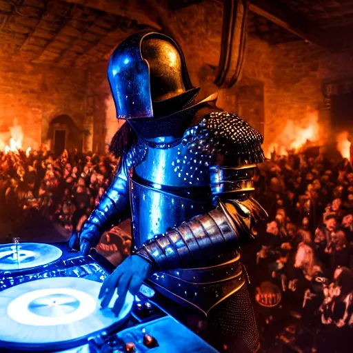 Image similar to photograph of a dubstep dj in medieval crusader armor djing during a medieval party, 8 k resolution, high detail
