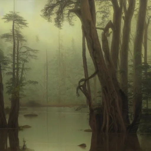 Prompt: dangerous swamp, a bit foggy, bizarre pines, hudson river school painting, naturalism