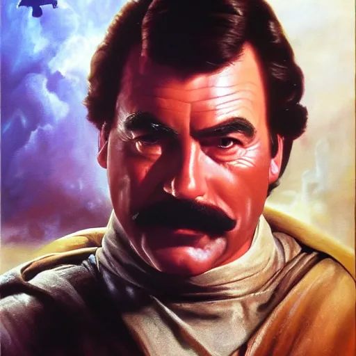 Image similar to ultra realistic portrait painting of tom selleck as anakin skywalker, art by frank frazetta, 4 k, ultra realistic, highly detailed, epic lighting