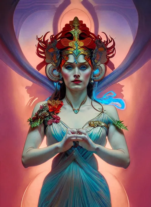 Image similar to the goddess hera looking angry, paper dress, volumetric lights, red and cyan theme, art nouveau botanicals, intricate, highly detailed, digital painting, artstation, concept art, smooth, sharp focus, symmetric face, illustration, art by artgerm and greg rutkowski and alphonse mucha