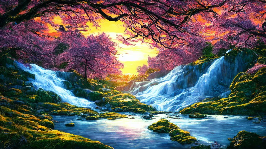 Image similar to featured on artstation cherry tree overlooking valley waterfall sunset beautiful image stylized digital art