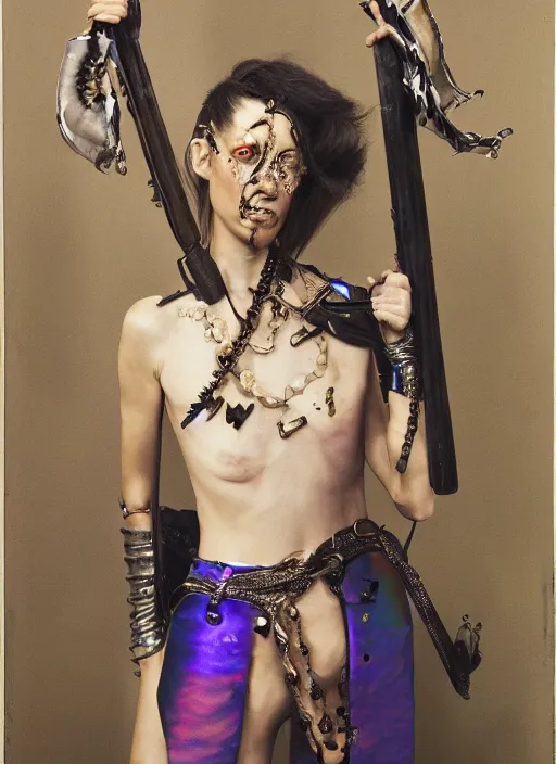 Image similar to a woman with iridescent skin, pirate weapons, by van herpen, iris