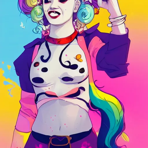 Image similar to julia garner as harley quinn as delirium of the endless, the sandman, rainbow clothes, clean cel shaded vector art. shutterstock. behance hd by lois van baarle, artgerm, helen huang, by makoto shinkai and ilya kuvshinov, rossdraws, illustration