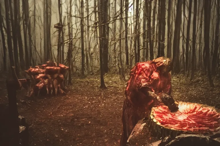 Image similar to terrible dark forest in the depths of which there is a large butcher chopping meat on a wooden stump from Dota 2 filmed hidden on a phone camera, Cinematic, wildlife photography, 35mm, photo on iphone