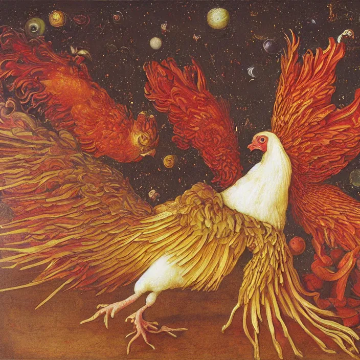 Image similar to a chicken in an infinite hall in space, chicken nebula, infinite chicken, by jan van eyck