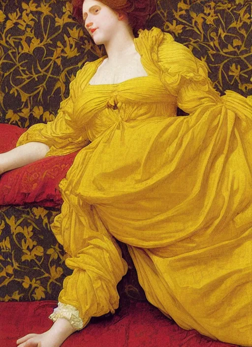 Image similar to masterpiece portrait of lady reclining on bed wearing yellow ochre ornate medieval dress, vertical, foreshortening, colour photography by frederic leighton, william morris, 8 k