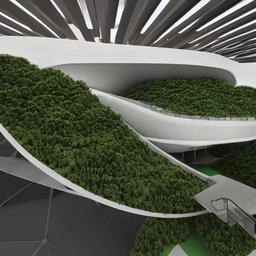 Image similar to futuristic convention centre, ultra modern, photorealistic, organic, forested