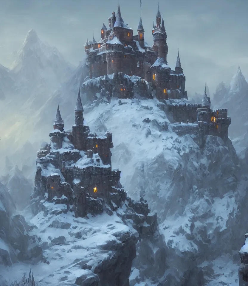 Image similar to a painting of a castle in the middle of a snowy mountain, a detailed matte painting by andreas rocha and greg rutkowski, featured on artstation, fantasy art, matte drawing, matte painting, artstation hq