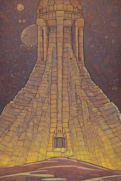 Image similar to painted tower of the moon, by Sylvain Sarrailh and Nicholas Roerich and Annie Swynnerton, dramatic cinematic lighting , beautiful tilework mosaics, ornate architecture, sacred artifacts, lost civilizations, smooth, sharp focus, extremely detailed