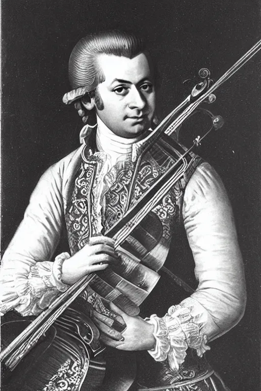 Prompt: Mozart playing the electric bass in concert