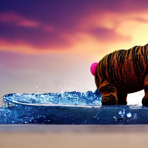 Image similar to a closeup photorealistic photograph of a cute smiling knitted tiger hippopotamus chasing a beachball at sunset. surf in the background. professional capture. this 4 k hd image is trending on artstation, featured on behance, well - rendered, extra crisp, features intricate detail, epic composition and the style of unreal engine.