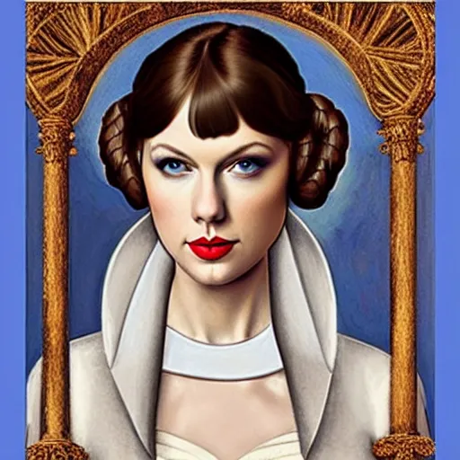 Prompt: taylor swift as princess leia, elegant portrait by sandro botticelli, detailed, symmetrical, intricate