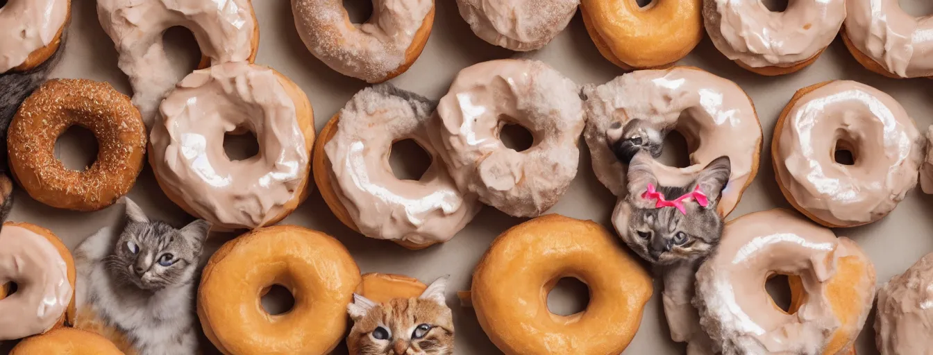 Prompt: ' donuts in the shape of cats face, professional food photography, detailed'