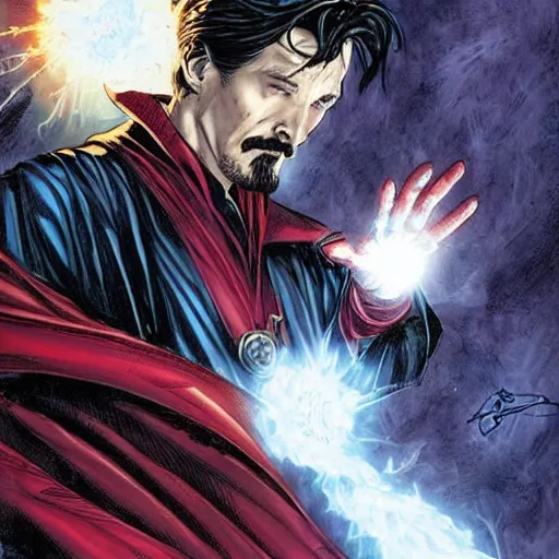 Image similar to Portrait of doctor strange in Iron man's armor, graphic novel, art by Ardian Syaf