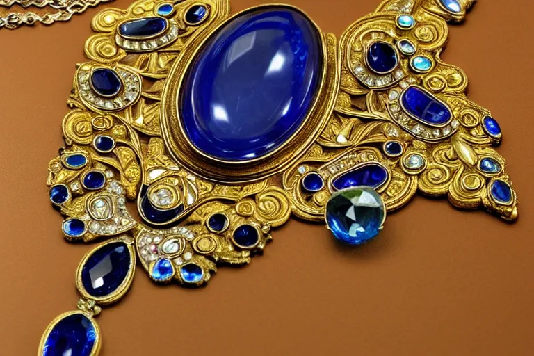 Prompt: highly detailed oil painting, front view, very realistic gemstones, art nouveau, ornate, delicate, brilliant sapphire choker, necklace on display, dramatic light,