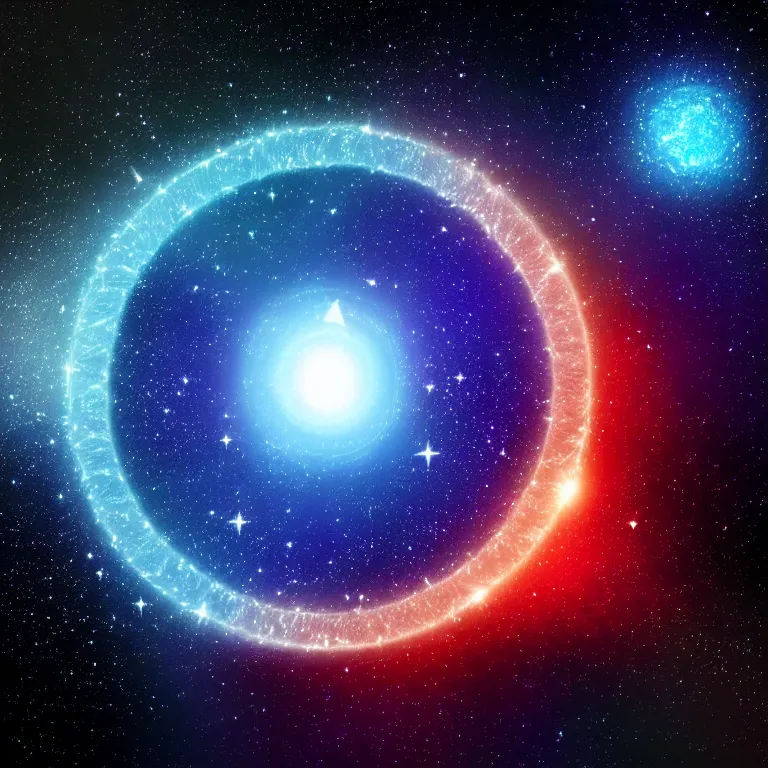Prompt: quantum immortality. ideal round big bang in ( center ) of picture. deep space, dark sky, dark deep blue, dark. no text