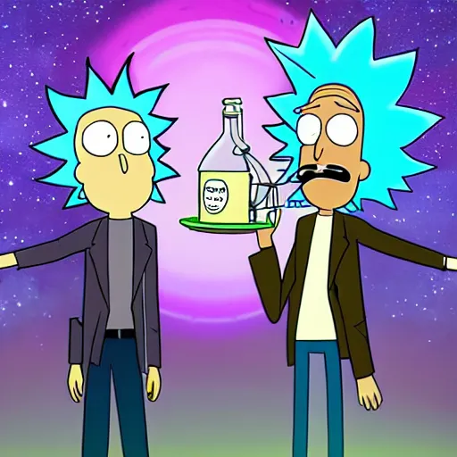 Image similar to rick sanchez and morty smith from rick and morty brewing a potion in space, amazing digital art, highly detailed