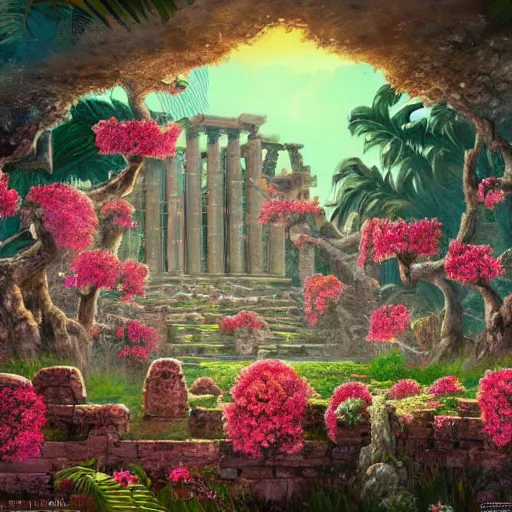 Prompt: ancient ruins covered with flowers, epic retrowave art, trending on art station