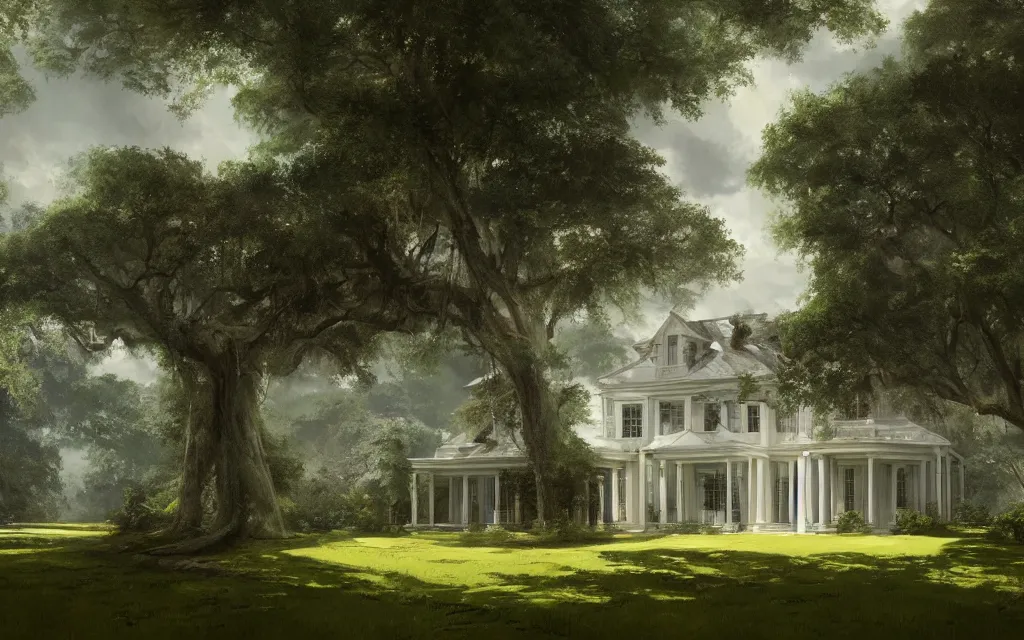 Prompt: a white manor house on a lush southern plantation with a tree-lined driveway, romanticism, hyperdetailed, artstation, cgsociety, 8k, masterpiece, sharp, fine art